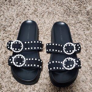 Rebecca Minkoff Lark Pear Embellished Black Slide Buckle Sandals 7.5 Edgy Chic
